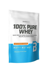 BioTechUSA 100% Pure Whey protein powder packaging, salted caramel flavor, gluten and palm oil free.